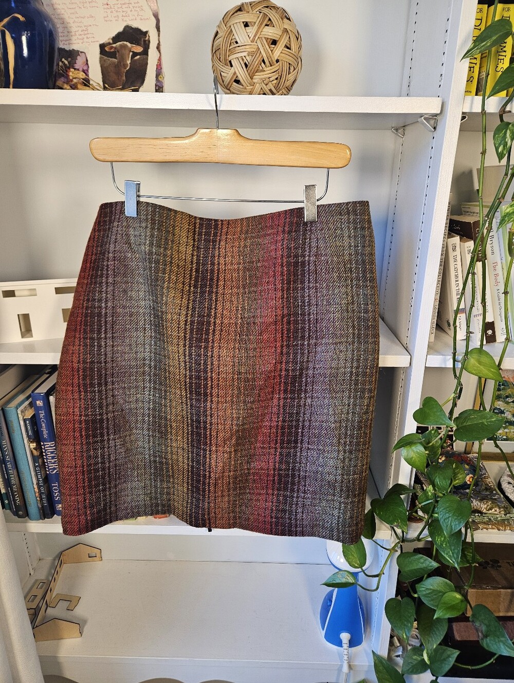 Wool Mini Skirt Plaid Brown Multicolor Pencil Skirt Size 14 Fall Autumn Academia